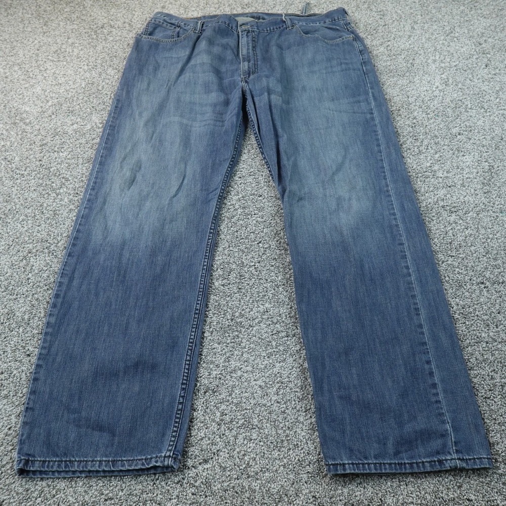 Levis Jeans Mens 46X34 Dark Blue Denim Pants 505 Straight Leg Whiskers Faded